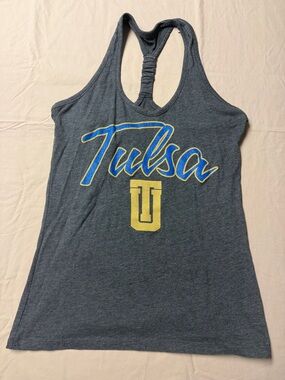 Tulsa Script Racerback Tank Top - Heather Gray with Yellow & Blue